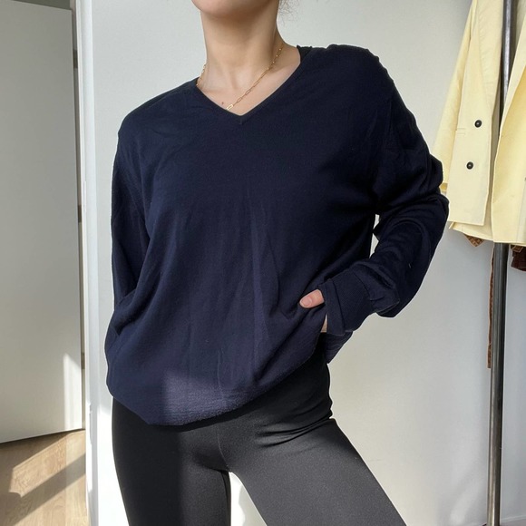 John Smedley Navy Blue V Neck Sweater